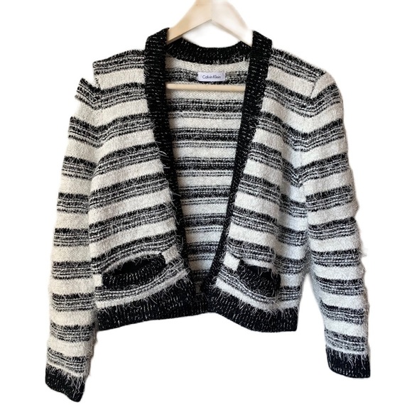 Calvin Klein Sweaters - 𝅺CALVIN Klein Black White Stripped Eyelash Raime Blend Cardigan Jacket Small